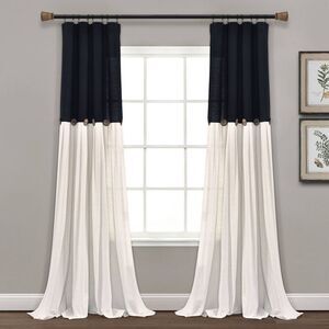 95"x40" Farmhouse Linen Button Curtain Black/White - Lush Décor Cotton
